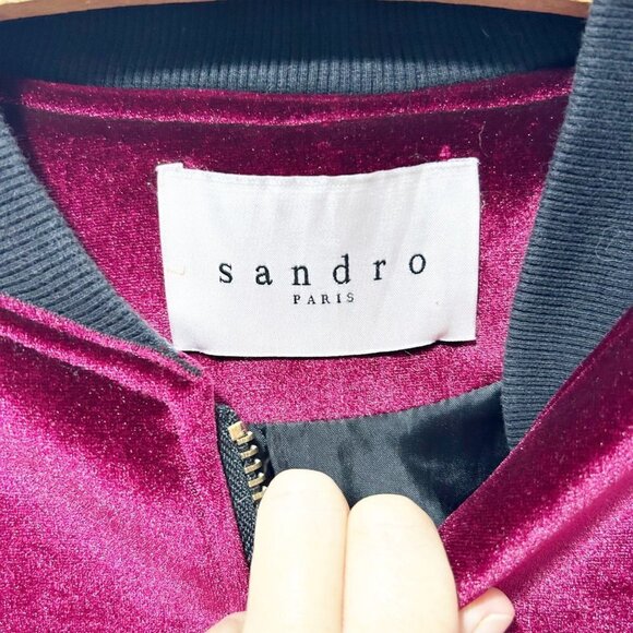 ASO Hailey Bieber Sandro Paris Ventura Velvet Bomber Jacket Size Small Cranberry - Picture 11 of 16